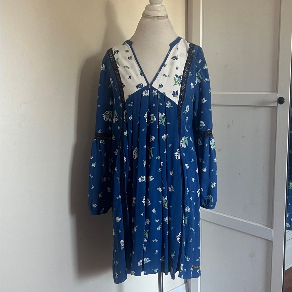 Matilda Jane Blue Floral Boho Festival Babydoll Dress | Lace Trim | Medium - Picture 2 of 10